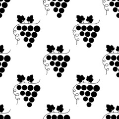 Seamless pattern with bunch of grapes. Black sign grape on white background. Berry flat icon. Modern design for print on fabric, wrapping paper, wallpaper, packaging. Vector illustration