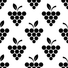 Fototapeta na wymiar Seamless pattern with bunch of grapes. Black sign grape on white background. Berry flat icon. Modern design for print on fabric, wrapping paper, wallpaper, packaging. Vector illustration