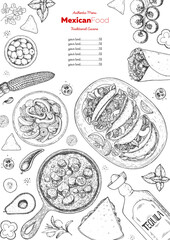 Mexican food top view frame. A set of classic mexican dishes with tacos, burrito, quesadillas, fajitas. Food menu design template. Vintage hand drawn sketch vector illustration. Mexican cuisine.