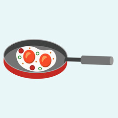 Frying pan with scrambled eggs on a blue background