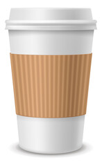 Paper coffee realistic cup. White plastic container with lid and cardboard empty label. Takeaway latte, espresso or cappuccino drinks, blank package for branding vector isolated 3d element