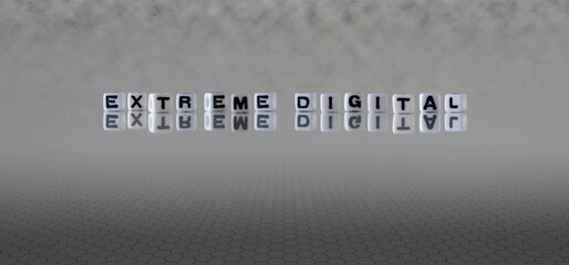 extreme digital word or concept represented by black and white letter cubes on a grey horizon background stretching to infinity