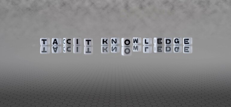 tacit knowledge word or concept represented by black and white letter cubes on a grey horizon background stretching to infinity