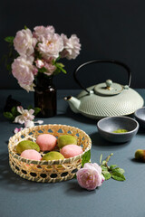 Japanese dessert mochi with matcha green tea powder and cherry,     japanese tea ceremony