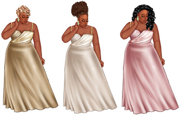 Fashion Illustration of women wearing a formal elegant wedding dress in pastel colors