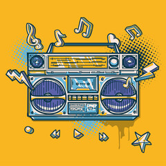 Music design - colorful drawn boom box tape recorder with clef and musical notes