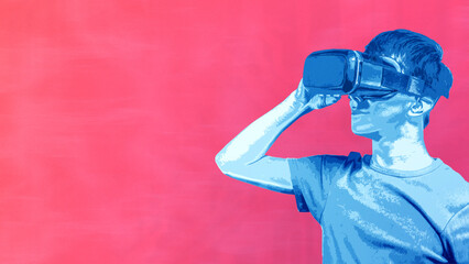 Man using virtual reality simulator VR goggles virtual reality web 3 or metaverse metaphor. Horizontal banner with copy space, place for text or text area	