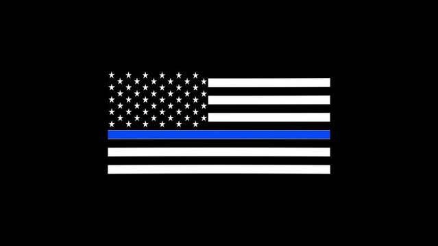 Color picture of police officer flag of america on a black background. American police flag. protection of people. Distortion liquid style transition icon for your project. 4K video animation for