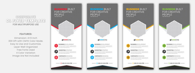 Corporate DL Flyer Rack Card Template Vector Design for Business, Marketing, Advertisement, Multipurpose Use with Red, Blue, Yellow and Green Color Variations
