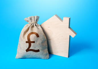 House silhouette and a british pound sterling money bag. Mortgage loan. House project development....