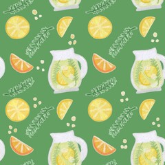 Watercolor lemonade seamless pattern on green background. Digital paper with watercolor lemon, orange and rosemary in a jug on white background. Summer fresh cocktail watercolor pattern with citrus.