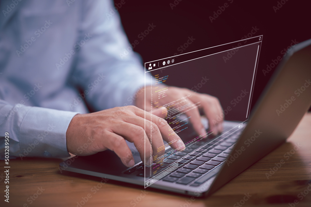 Aufkleber Programming code writing, software coding developing, hands typing computer script, man hands coding html and programming on screen laptop, development web, developer, web master