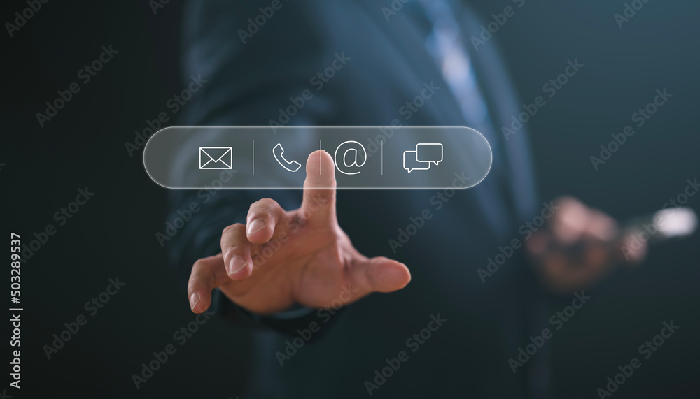 Poster contact us or customer support hotline people connect. businessman using smart phone and touching on