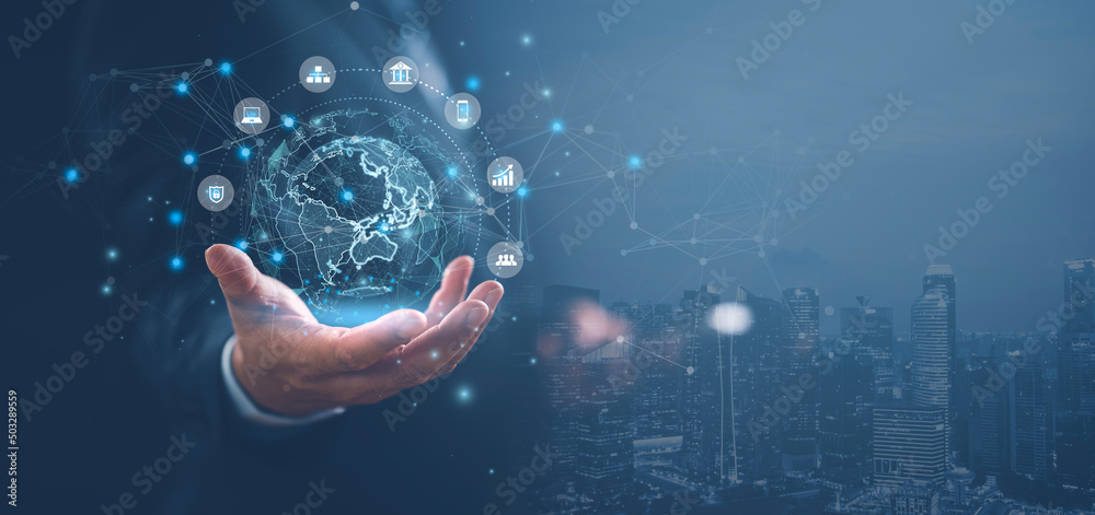 Leinwandbilder digital marketing online internet, businessman holding global network connection on social networkin