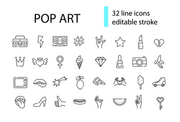 Pop art style linear icons collection. Retro design. Lemon, star and camera. Pizza and hot dog. Vector stock illustration