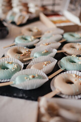 portioned cakes, colorful sweets. High quality photo