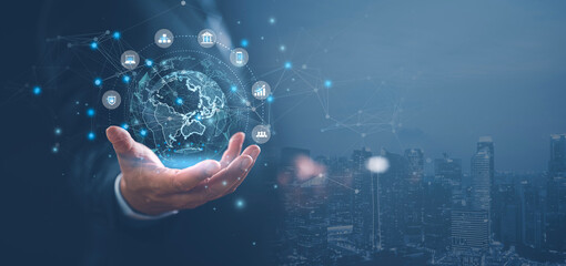 Digital marketing online internet, Businessman holding global network connection on social networking and customer data analytics, Business strategy and smart intelligence, Technology, global business