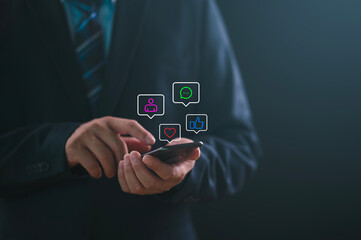 Social media and digital online, man using smart phone with Social media. concept of living on vacation and playing social media. online marketing, Working From Home. technology internet.