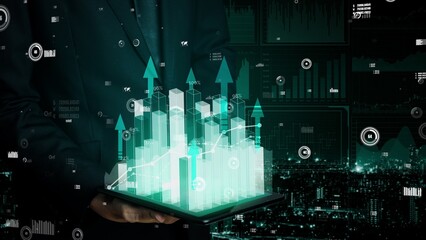 Double Exposure Image of Business and Finance conceptual - Businessman with report chart up forward to financial profit growth of stock market investment.