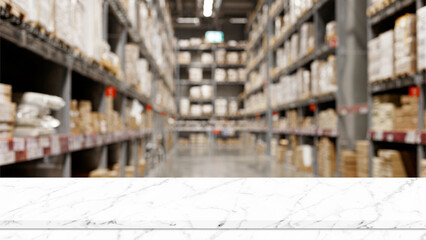 Empty marble table top with blur warehouse background, Template mock up for display of product
