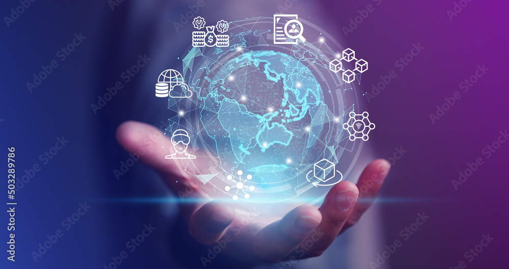 Leinwandbilder digital marketing online internet, businessman holding global network connection on social networkin