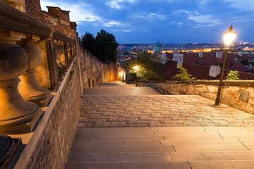 View of Prague historical center with the castle, Hradcany, Charles bridge and Vltava.Czech Republic