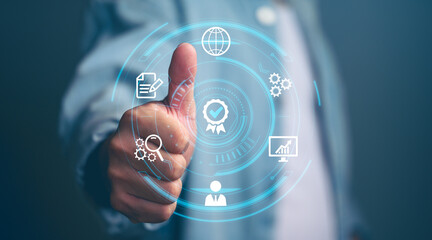 Hand shows the sign of the top service Quality assurance, Guarantee, Standards, ISO certification...