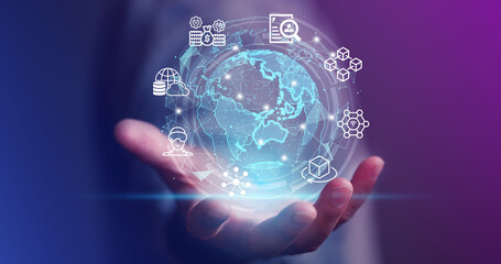 Digital marketing online internet, Businessman holding global network connection on social networking and customer data analytics, Business strategy and smart intelligence, Technology, global business