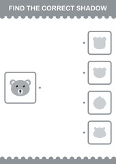 Find the correct shadow Koala face. Worksheet for kids