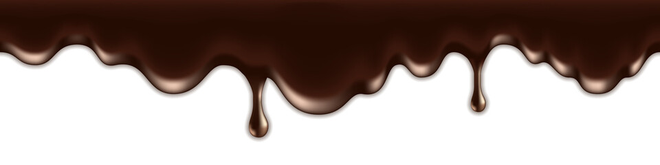 Melted chocolate drip. Milk chocolate liquid texture.  Flowing creamywave swirl.  Dark brown splash wave and drops on white background. Abstract vector illustration