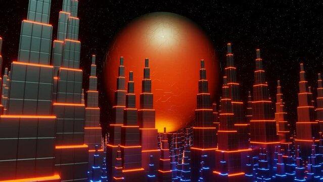 Seamless loop Science-fiction city with giant skyscrapers and flying sphere source of energy. Space city. Science fiction scene. 4K looping animation of flying. 3D rendering