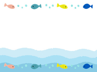 イラスト背景素材：魚と波のフレーム・枠