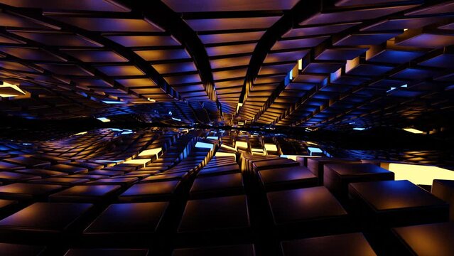 Abstract Geometric Cubes Waving Surface With Glowing Lights.