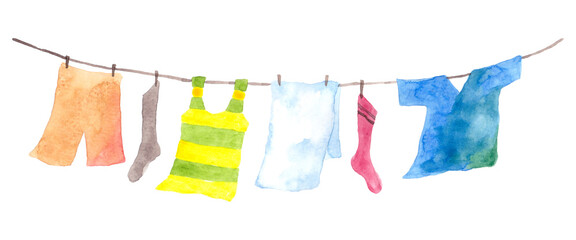 洗濯物が干してある風景の水彩イラスト