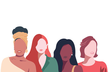 Multi-ethnic women. A group of beautiful women with different beauty, hair and skin color. Vector illustration.