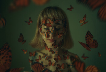 girl with butterflies. many butterflies are sitting on a girl. Close up portrait of the beautiful...