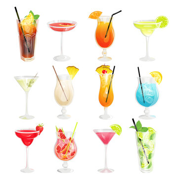 Cocktail set. Summer alcoholic drinks Daiquiri, Cosmopolitan, Long Island, Martini, Sex on the beach, Margarita, Pina Colada, Blue Lagoon, Muay Thai, etc. Vector illustration.