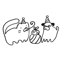 Cat and dog celebrating birthday. Gift boxes. Birthday party. Vector outline illustration.