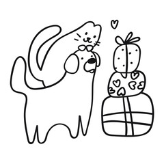 Cat and dog. Gift boxes. Birthday party. Vector outline illustration on white background.