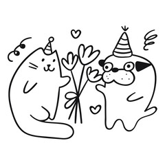Cat and dog. Birthday party. Outline vector illustration on white background.