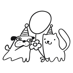 Dog with flower and cat with air balloon. Outline vector icon illustration.