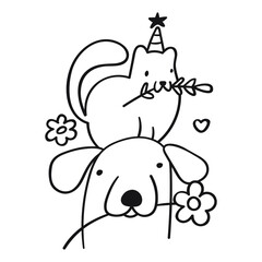 Cat sit on dog. Animals friends with flowers. Birthday concept. Outline vector illustration.