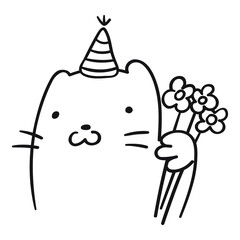 Cute cat with flowers. Birthday concept. Outline illustration.