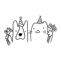 Cat and dog with flowers. Birthday concept. Outline vector illustration.