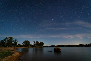 Night landscape with moonlight in the swamp of Valdesalor. Extremadura. Spain.
