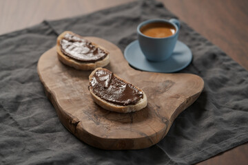 Toasted ciabatta with chocolate hazelnut spread and fresh espresso