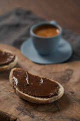 Toasted ciabatta with chocolate hazelnut spread and fresh espresso
