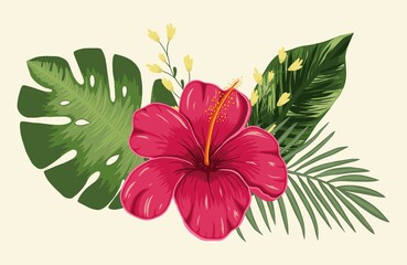 Composition of tropical flower hibiscus and leaves palm and monstera on a light background. Vector - obrazy, fototapety, plakaty