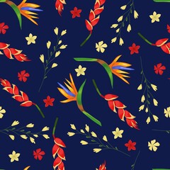 Tropical floral colorful seamless pattern with beautiful heliconia and strelitzia flowers vector