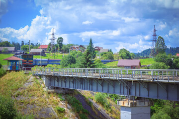 The passage of the train on the viaduct in Vorokhta